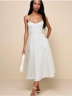 Lulu’s Meet for Tea White Jacquard Bustier Midi Dress With Pockets